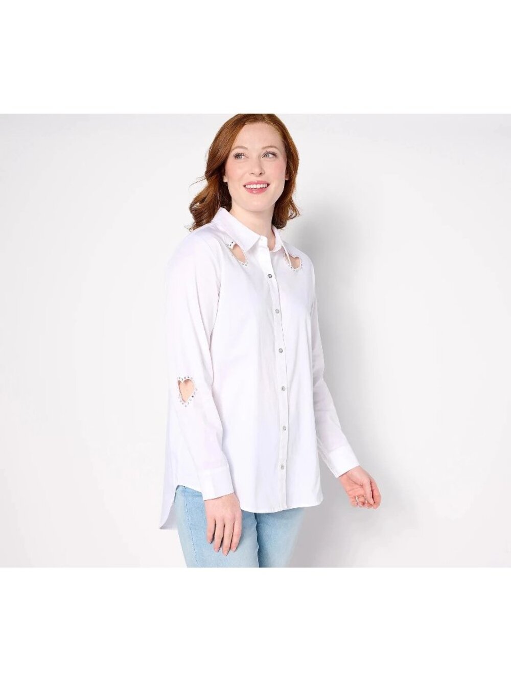 Attitudes by Renee Shirt Small Woven Heart Cutout Button Up White Rhinestone NEW